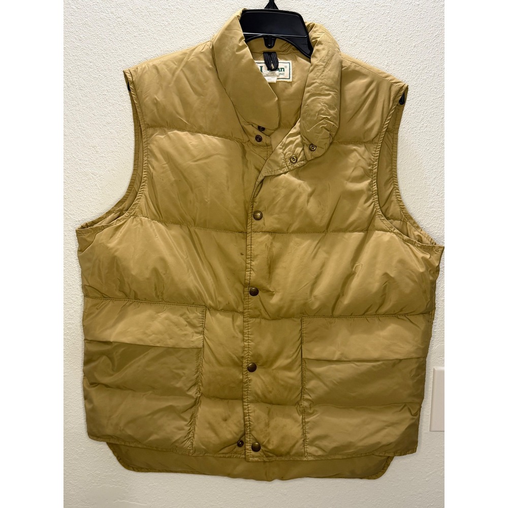 Vintage LL Bean Goose Down Puffer Vest Mens Large Tan Khaki Made in USA 1419
